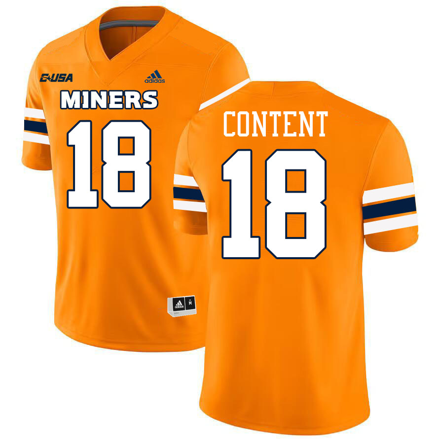 #18 Justin Content UTEP Jersey,UTEP Miners College Football Jersey,Uniforms-Orange